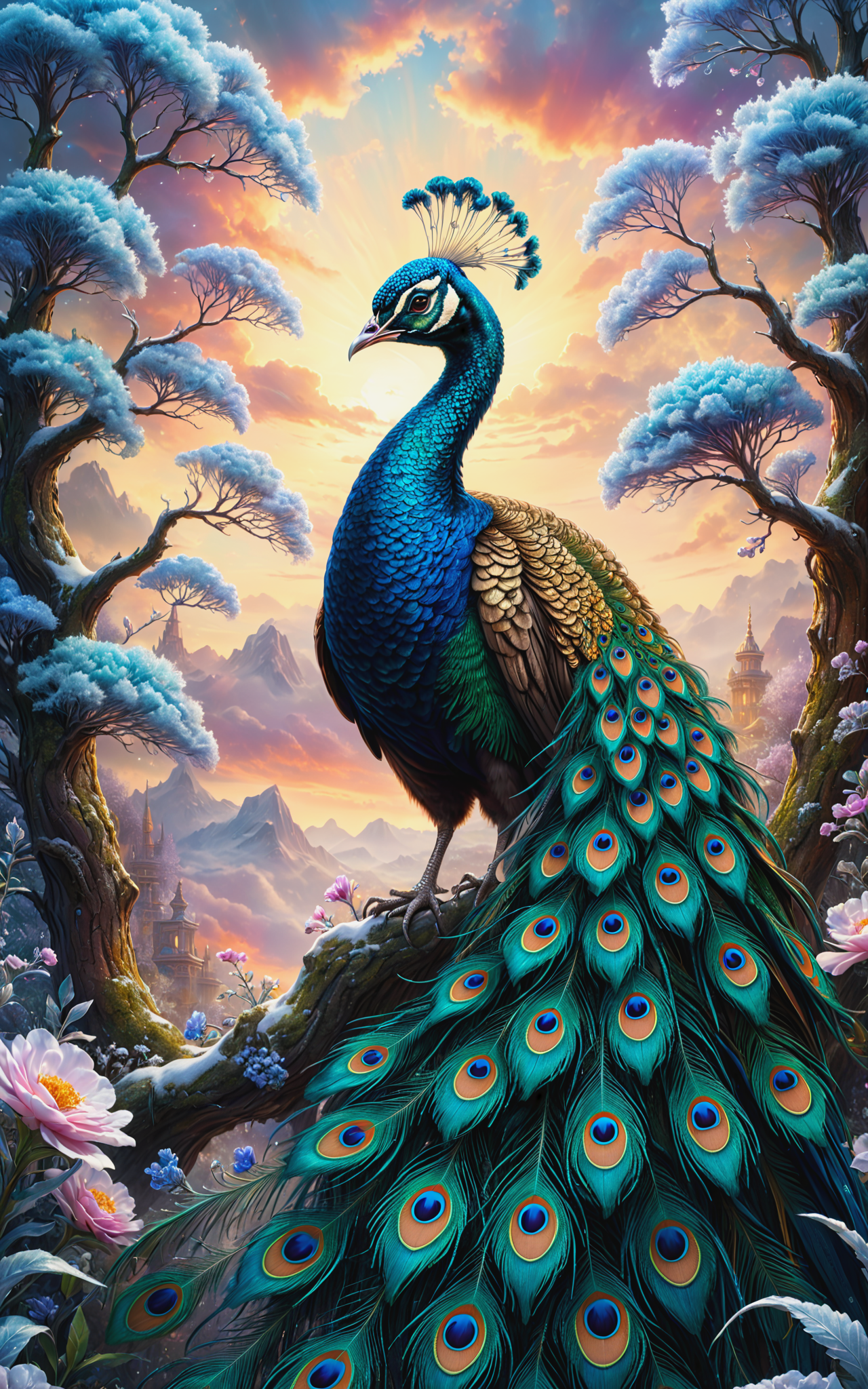 10404-2215616896-olpntng style, 3d, hyperdetailed and intricated fantasy peacock, hoarfrost plumage, hyperdetailed surreal background with flower.png